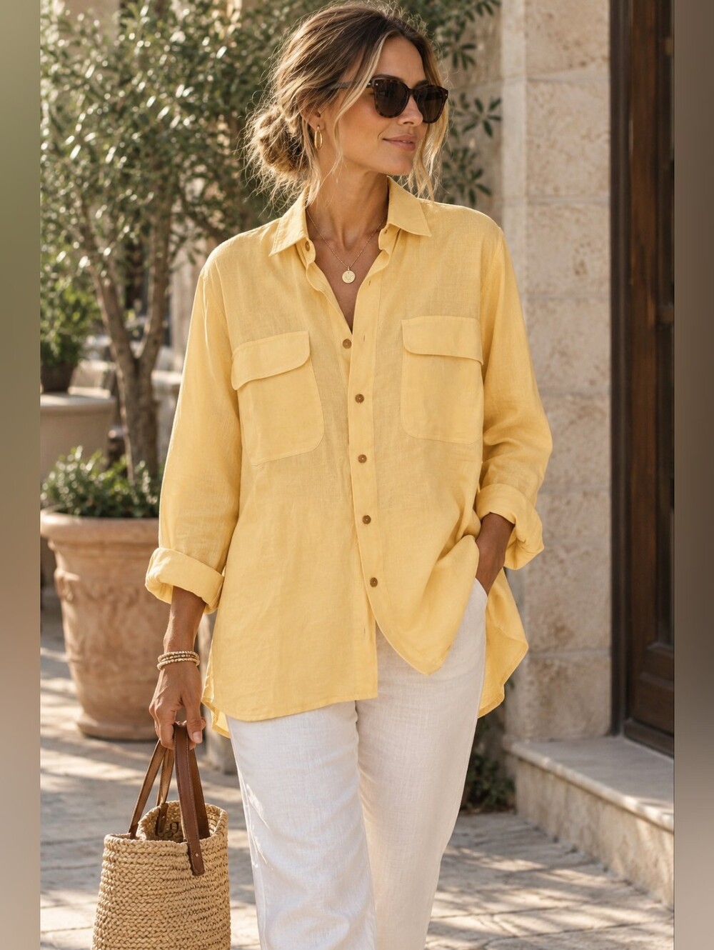 RFT Women Linen Butter Yellow Quiet Luxury Flowy Tunic Top L Career Classic